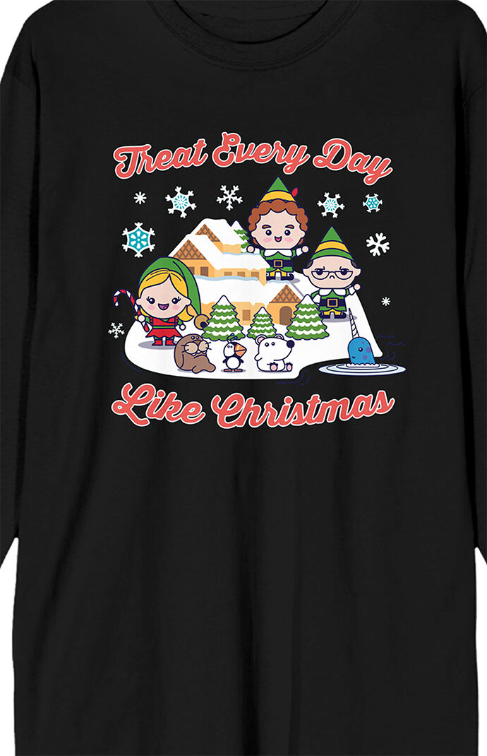 Pacsun Men s Elf Treat Everyday Like Christmas Long Sleeve T Shirt in Black Size Large
