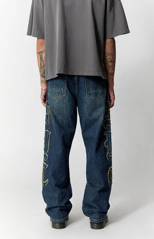 Dylan Baggy Jeans Frayed NYC Applique Dark Blue image number 5