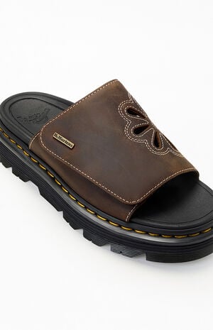 Women's Brown Leather Zebzag Flower Slide Sandals image number 6