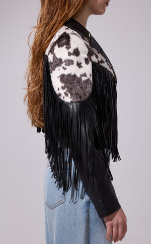 Olandria Faux Leather Black Western Fringe Jacket image number 3