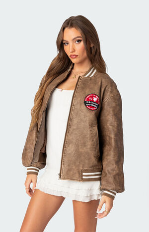 Washed Faux Leather Bomber Jacket image number 3