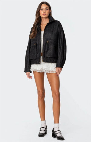 Cargo Faux Leather Bomber Jacket image number 4