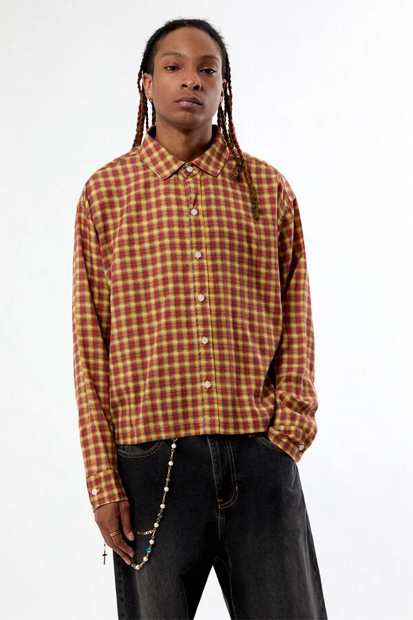 orange plaid shirt dress Orange Plaid Collared Long Sleeve Button Up Mini Shirt Dress
