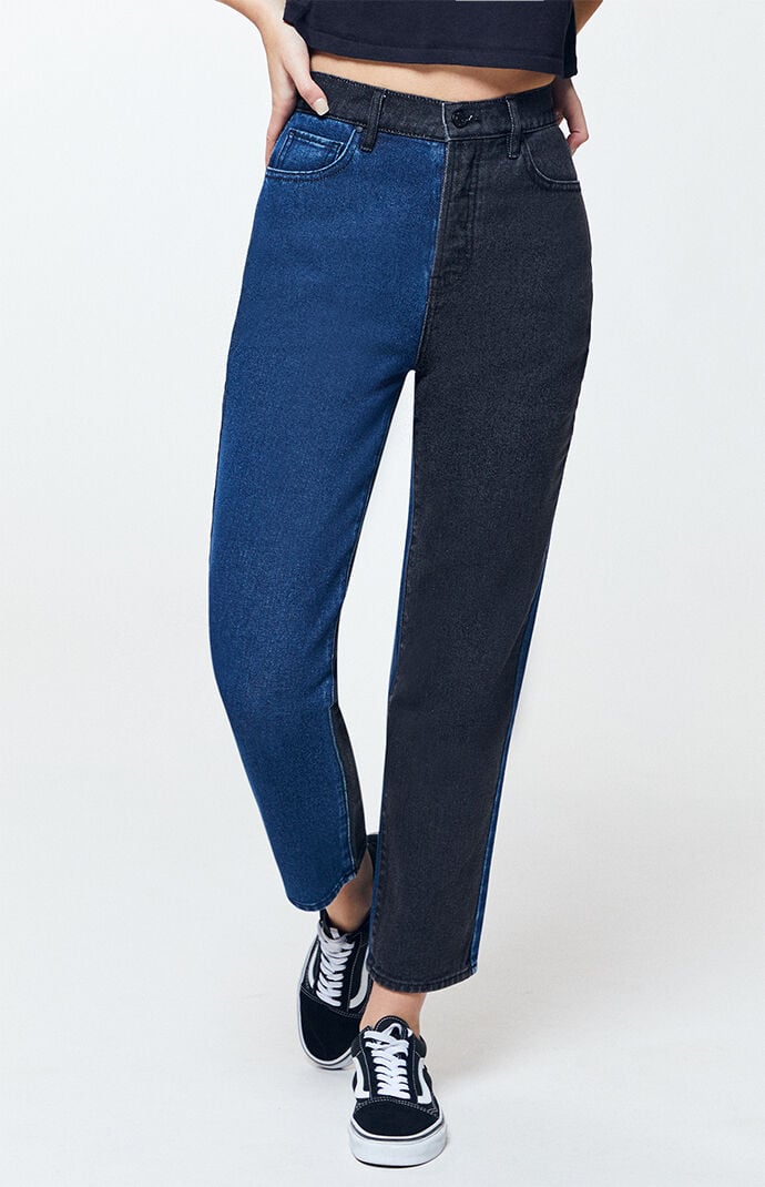 half black and half blue jeans