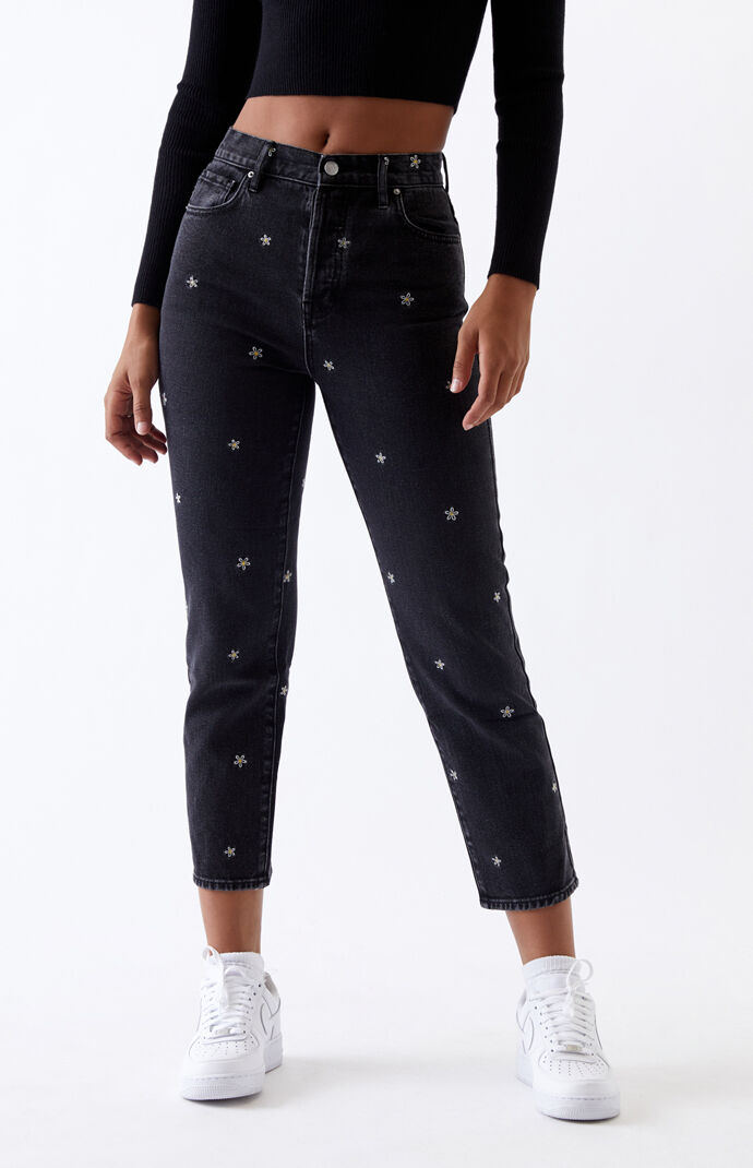 Black Daisies High Rise Straight Leg Jeans
