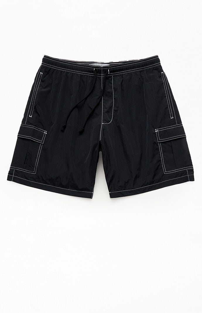 Pacsun Black Baggy Cargo Crinkle 8" Swim Trunks