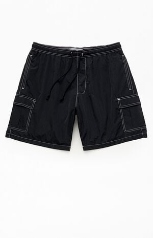 Black Baggy Cargo Crinkle 8" Swim Trunks image number 1