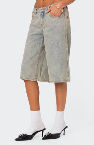 Xtra Long Acid Wash Denim Shorts image number 4