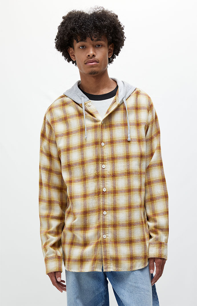 Pacsun plaid mix hooded long sleeve button up shirt cheap