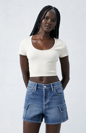 Medium Indigo High Waisted Girlfriend Cargo Shorts image number 1