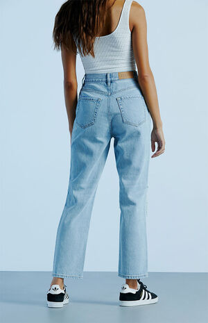Eco Light Blue Ripped High Waisted Straight Leg Jeans image number 4