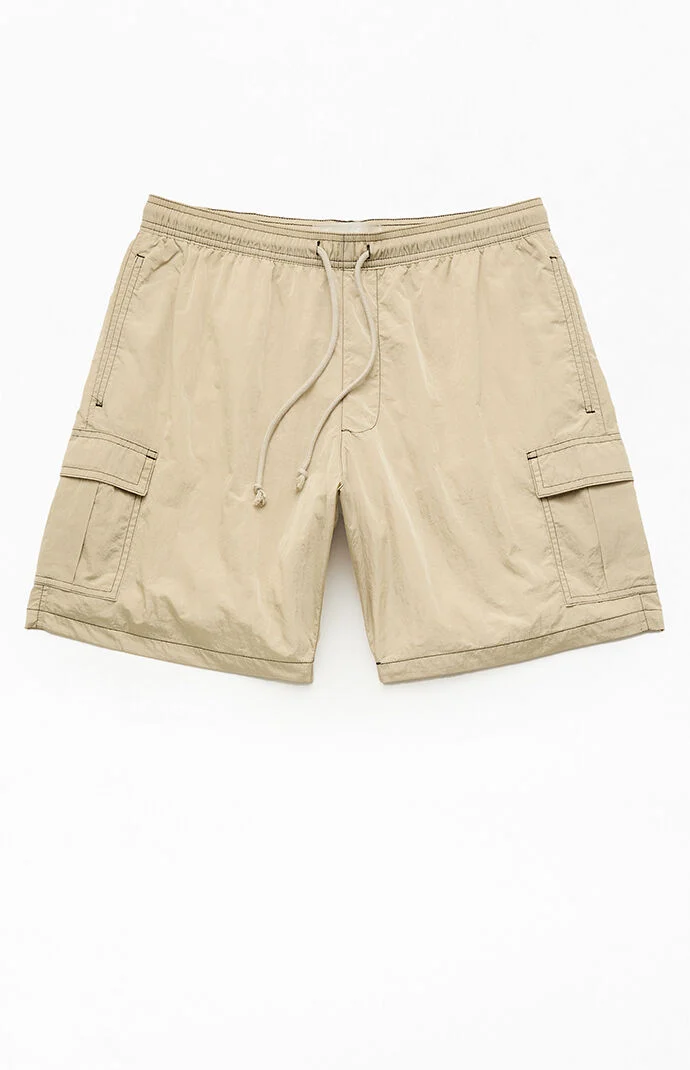 Pacsun Green Baggy Cargo Crinkle 8" Swim Trunks
