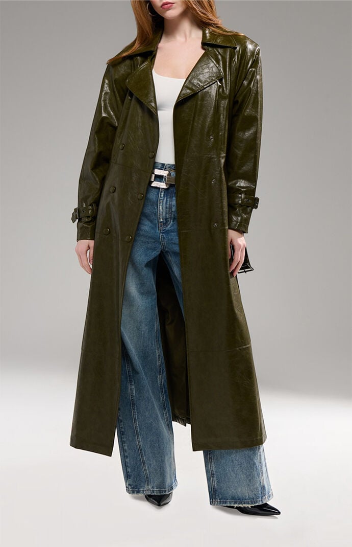 AZALEA WANG Coren Olive Long faux Leather Trench Jacket