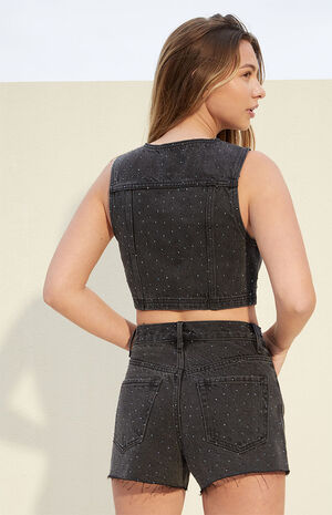 Eco Black Studded Vintage High Waisted Denim Shorts image number 4