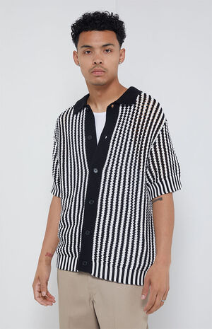 Crochet Button Down Short Sleeve Sweater image number 1