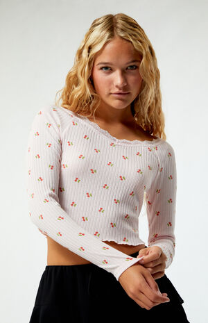 Cherry Print Lace Long Sleeve Top image number 1