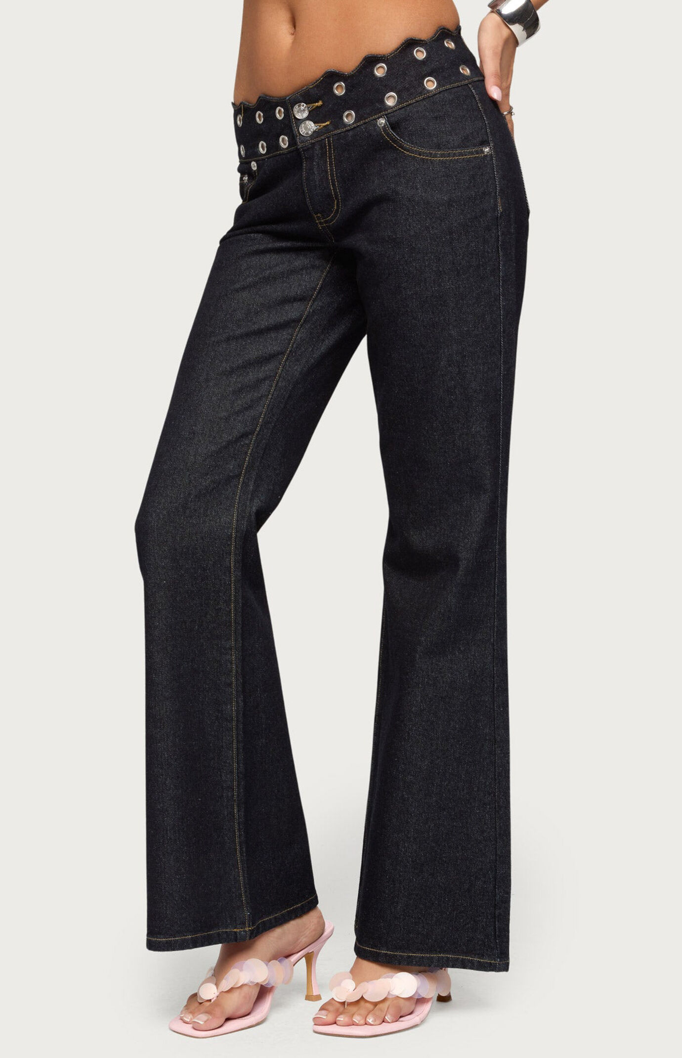 Edikted Scalloped Grommet Low Rise Bootcut Jeans