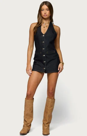 Destinee Denim Halter Mini Dress image number 1