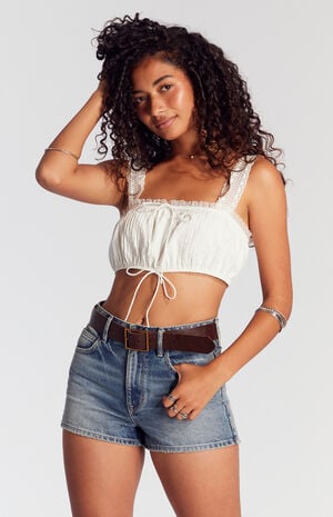 Medium Indigo Zip Fly High Waisted Denim Festival Shorts image number 2