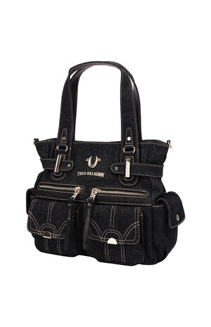 Multi Pocket Black Denim Cinch Tote Bag image number 3