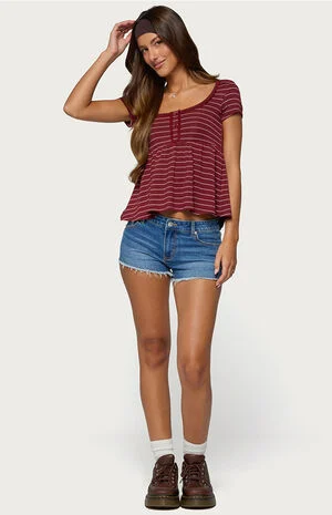 Jina Lacey Striped Babydoll Henley Top image number 4