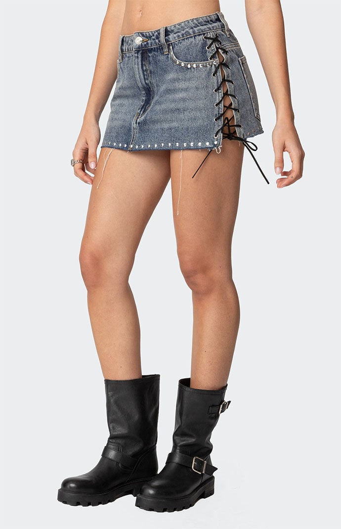 Edikted Casey Lace Up Denim Mini Skirt | Pacsun