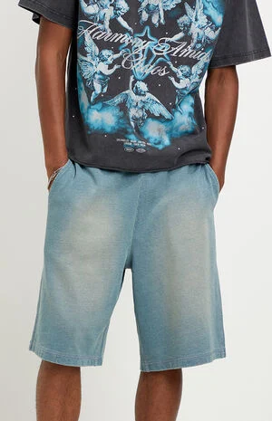 Washed&nbsp;Blue&nbsp;Fleece Baggy&nbsp;Sweat Shorts image number 5