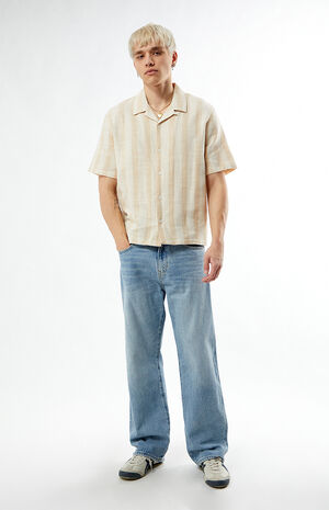 Tan Striped Oversized Camp Shirt image number 4