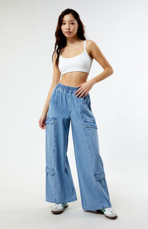Light Indigo Wide Leg Cargo Jeans image number 1