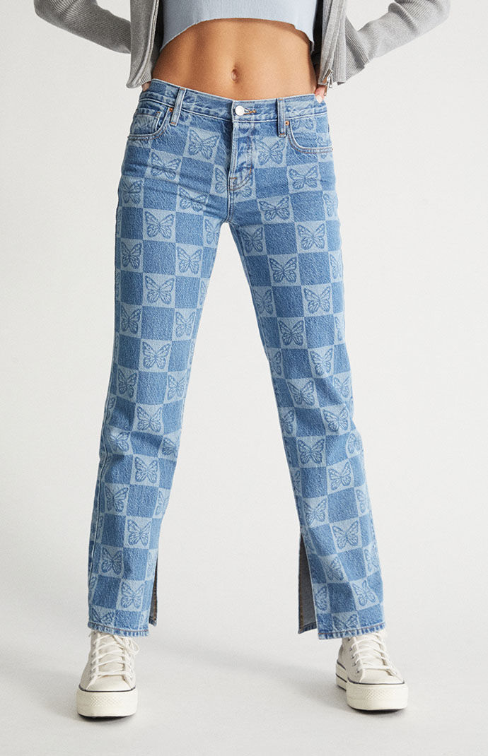 【NONCODE】Zero Checkerboard Denim Pants Double Zero Pants Women's Small Blue Pink Checkered Tight