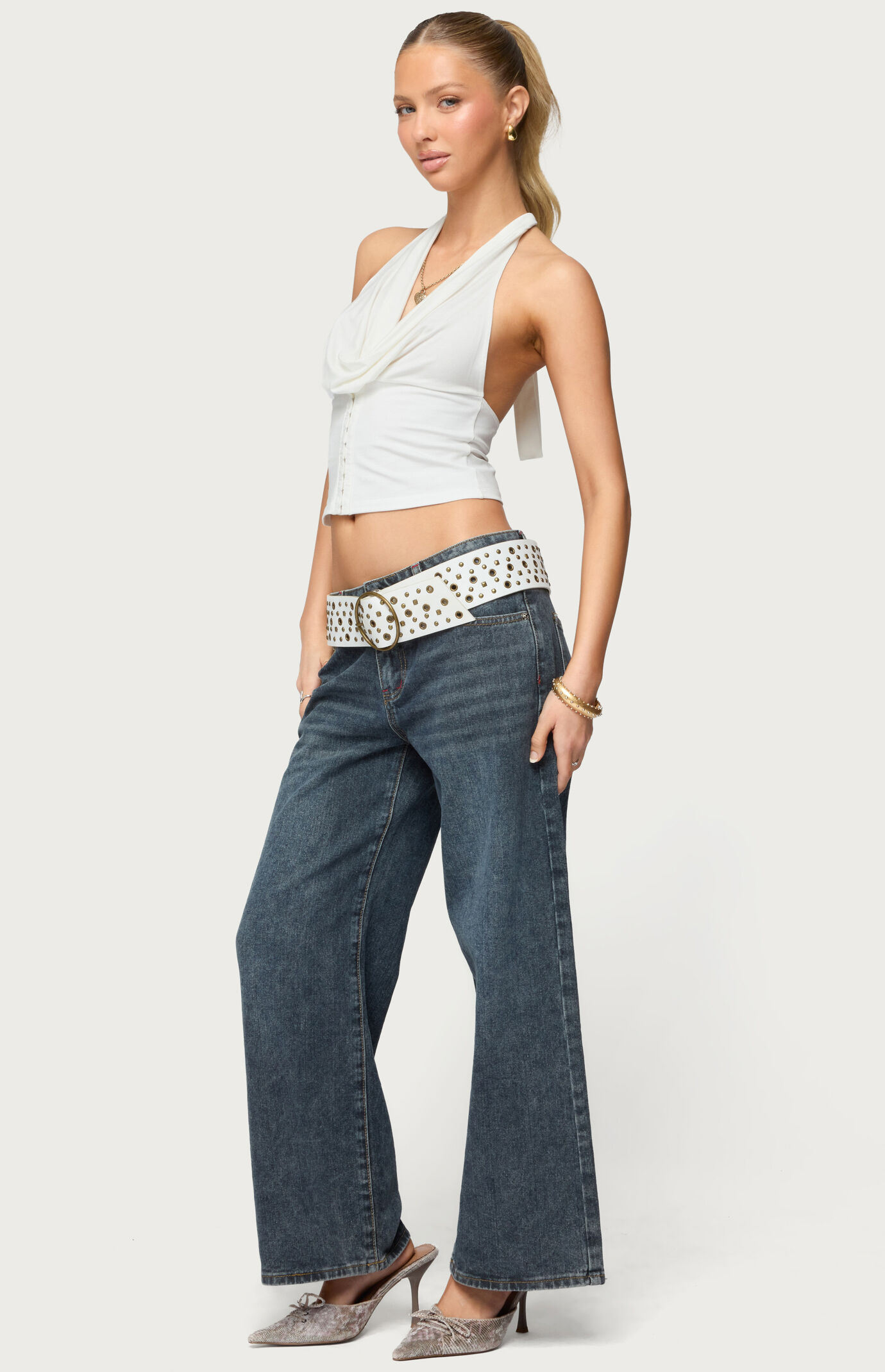 Edikted Hook & Eye Cowl Neck Halter Top