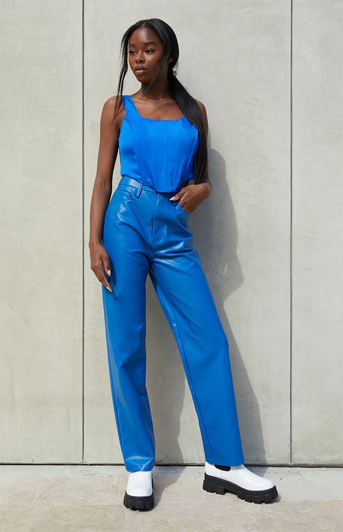 Blue faux leather trousers 2025