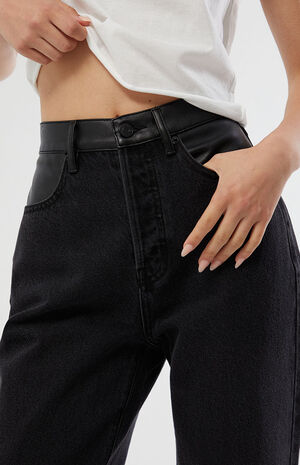Eco Black Faux Leather Waist Dad Jeans image number 2
