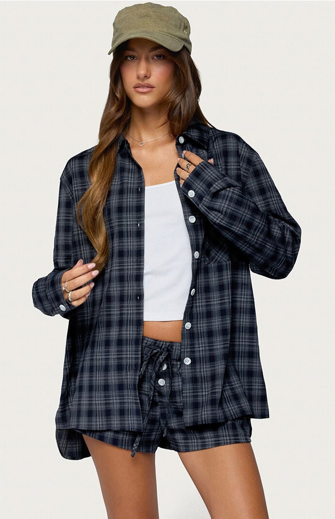 Edikted Alessa Plaid Button Up Long Sleeve Top