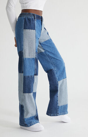 Medium Blue&nbsp;Patchwork Low Rise Puddle Cargo Pants image number 3
