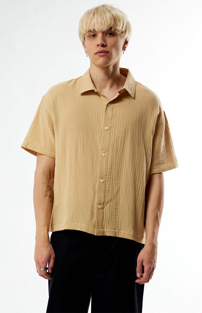 Pacsun Tan Cropped Boxy Gauze Camp Shirt