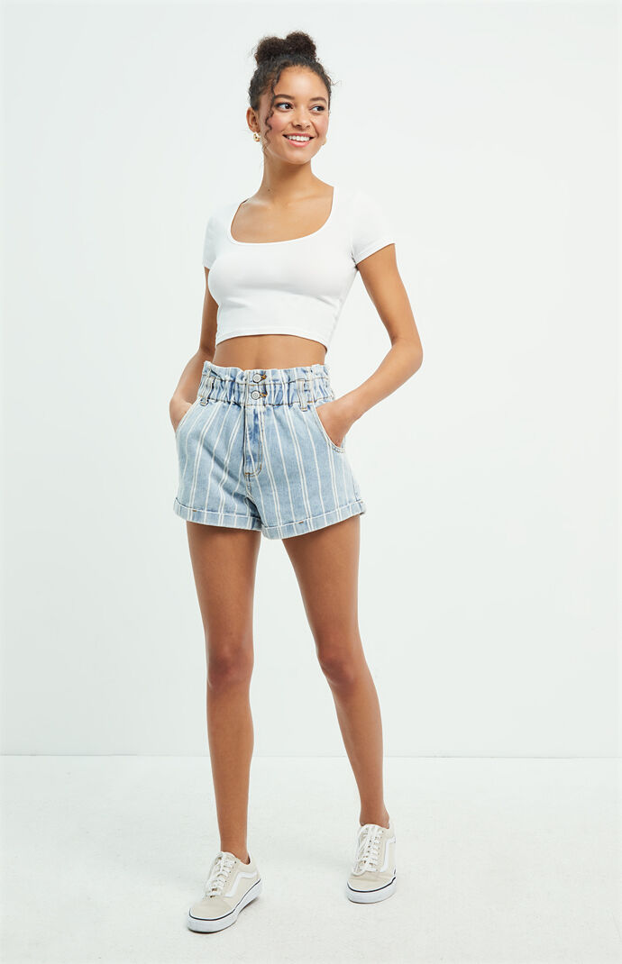 PacSun Stripey Paperbag Waist Denim Mom Shorts PacSun