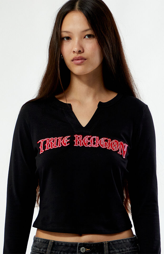 True Religion Applique Crystal Notched V Long Sleeve Top