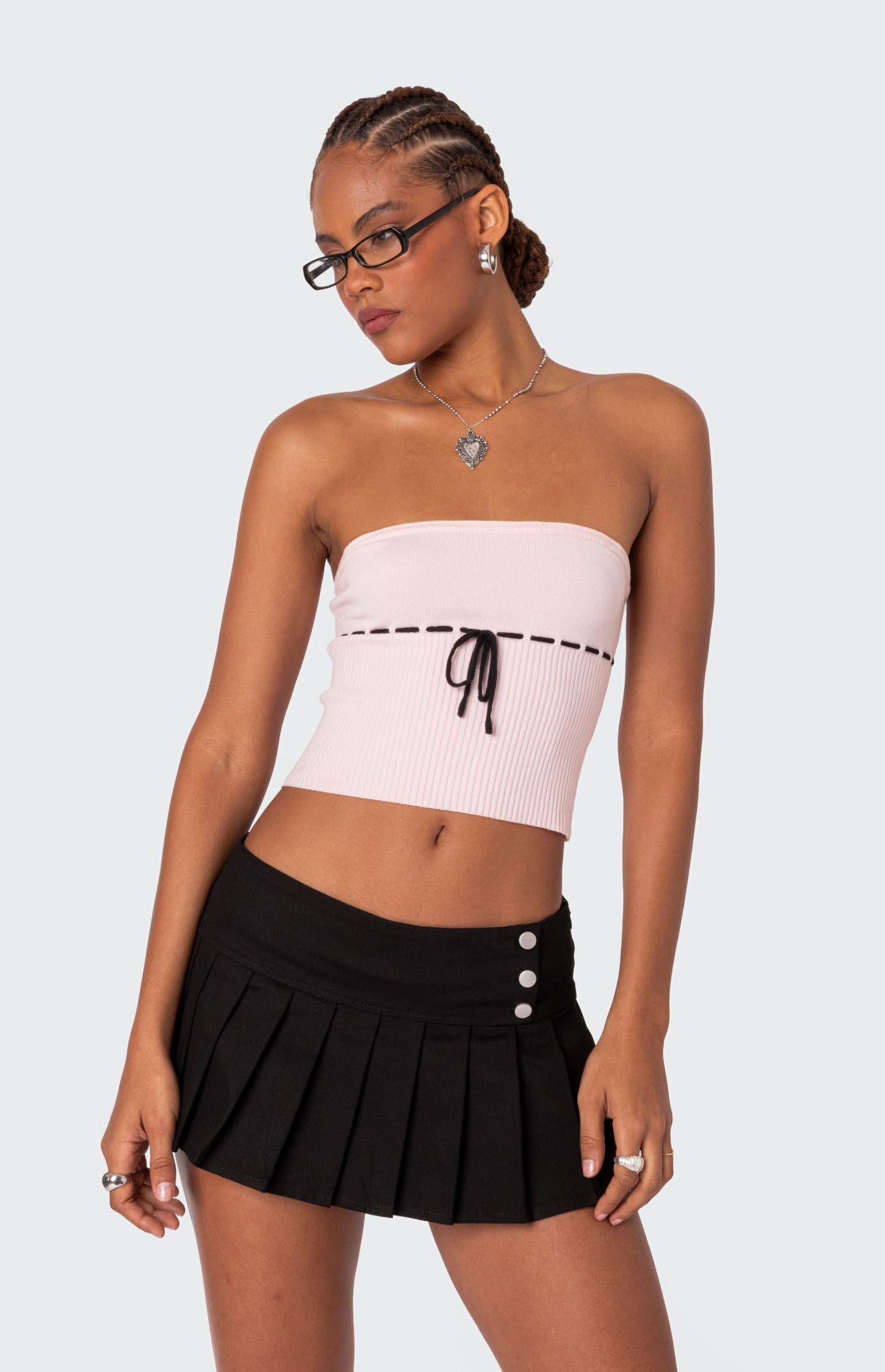 トップス Baby ribbon knit tops AM1618 White Ribbon Trim Babydoll Top - Flowy Tank Top | Boho Pink