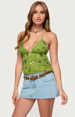 Kiki Sequin Floral Chiffon Halter Top image number 2