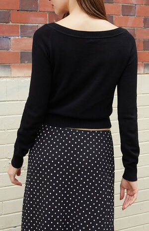 Black Off-The-Shoulder V-Neck Sweater image number 3