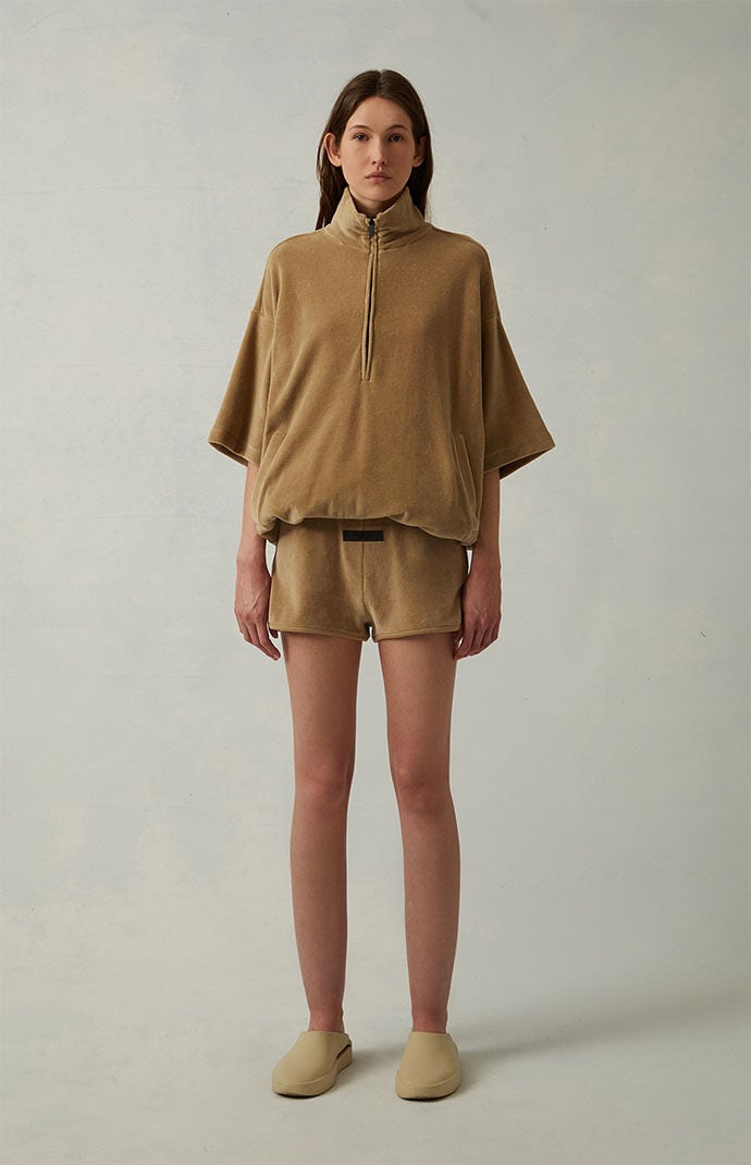 【FOG Essentials】Essentials Women's Velour Beach Short Fear of God Essentials Women's Oak Velour Beach Shorts | PacSun