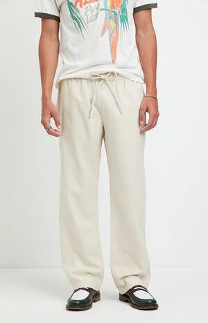 Cream Straight Leg Linen Pants image number 2