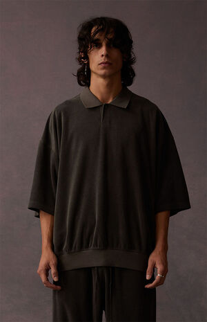 Off Black Terry Cloth Short Sleeve Polo Shirt image number 2