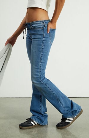 Medium Blue Lace-Up No Waistband Low Rise Bootcut Jeans image number 3