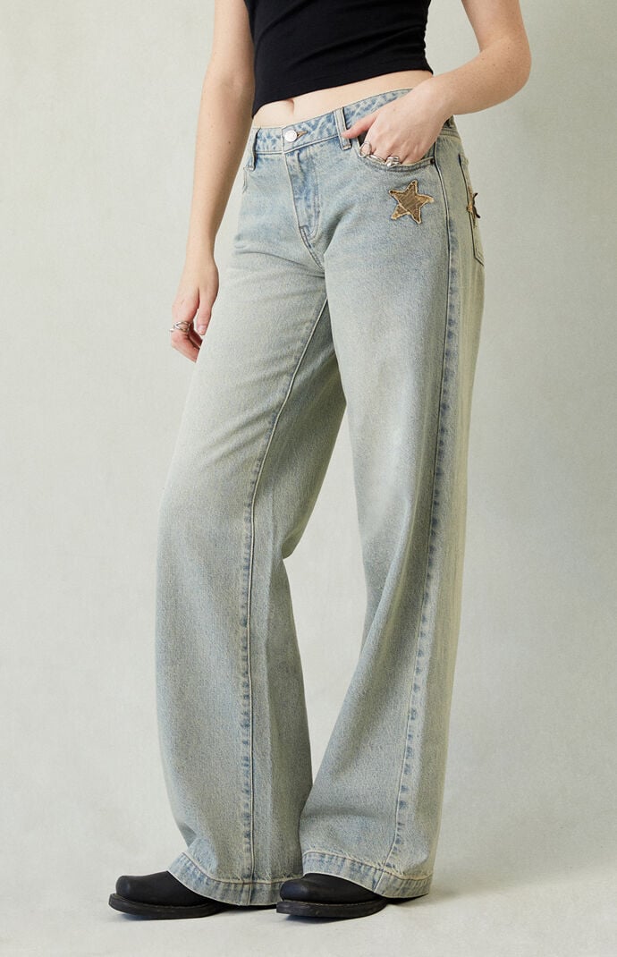 Pacsun Casey Low Rise Baggy Jeans Camo Star Light Indigo