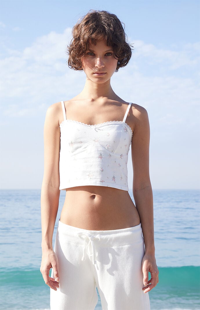 John Galt White Floral Lace Trim Crop Top