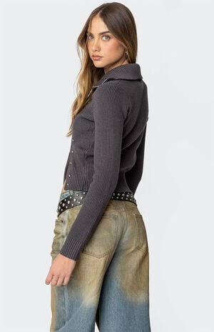 Ribbed Asymmetric Zip Up Cardigan image number 4