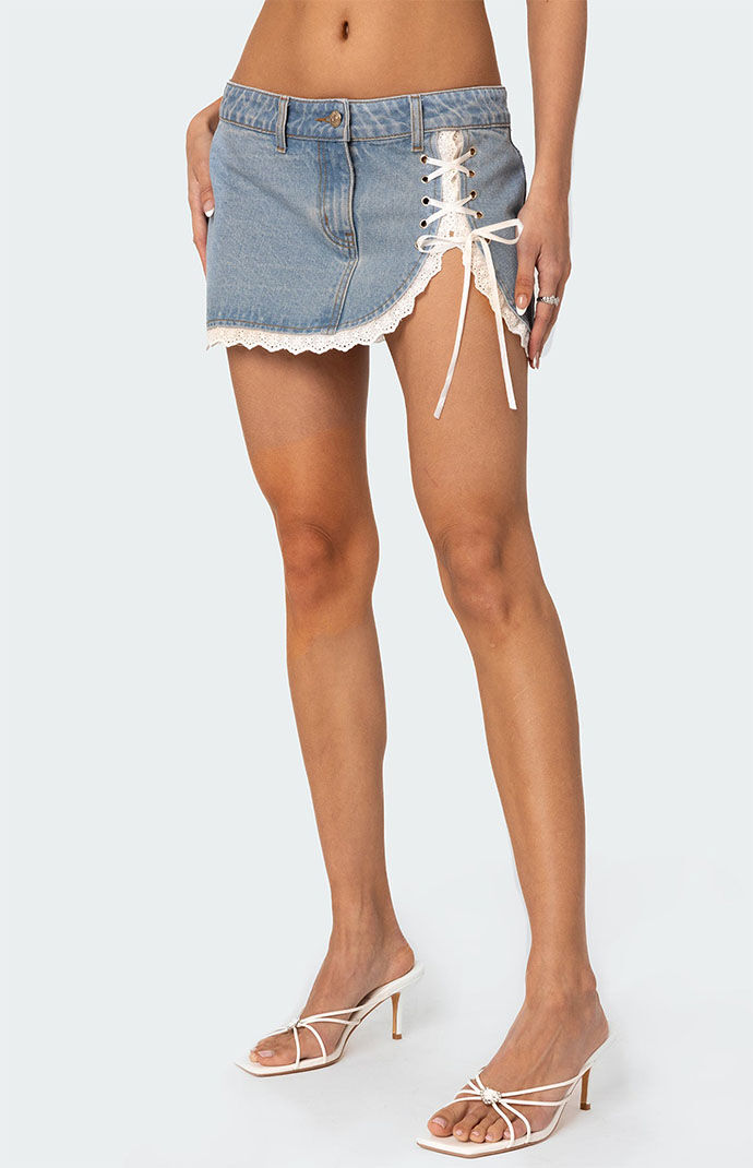 Edikted Eyelet Lace Up Denim Mini Skirt | PacSun