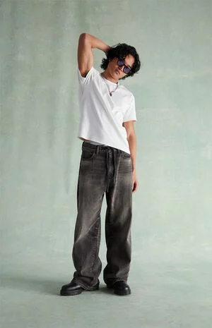 Tinted Black Washed Drawstring Extreme Baggy Jeans image number 1